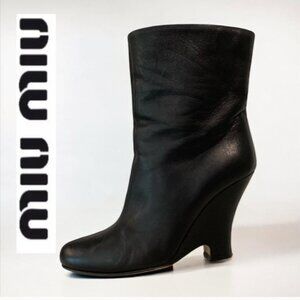 Miu Miu Black Leather Wedge Heeled Boots Size 36.5 Made in Italy